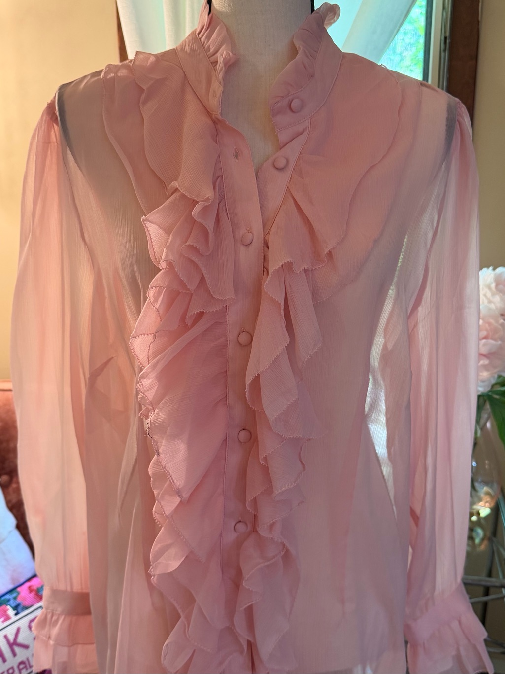 Blush Pink Ruffle Sheer Blouse - Us Size 14, Uk Size 18